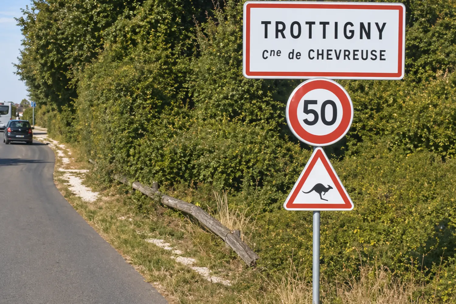 A "kangaroo panel" installed in France to make drivers slow down: up to 40 collisions per year with this animal