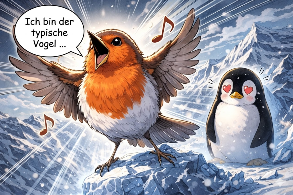 Illustration of a robin and a penguin to illustrate mode collapse in AI models.