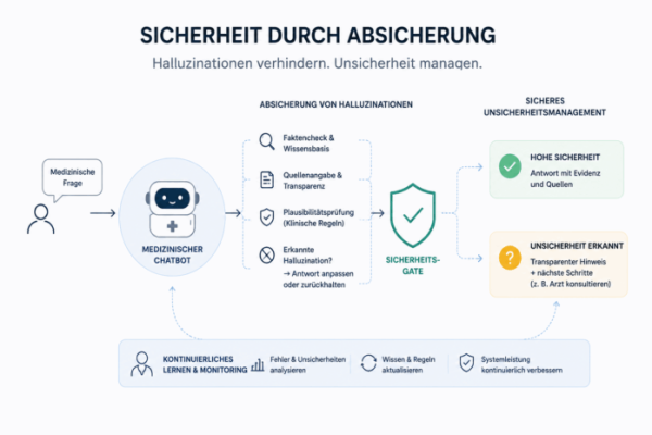 Infographic on uncertainty management in medical chatbots: Process from the question to the protection of hallucinations and the safety gate to the evaluated answer with continuous monitoring.