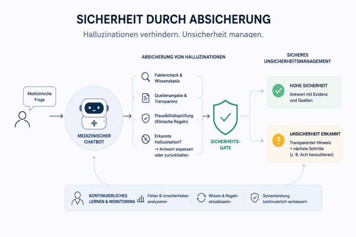 Infographic on uncertainty management in medical chatbots: Process from the question to the protection of hallucinations and the safety gate to the evaluated answer with continuous monitoring.